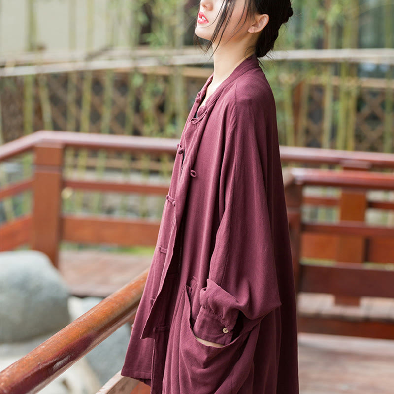 Frog-Button Long Sleeve Zen Meditation Open Front Jacket With Pockets