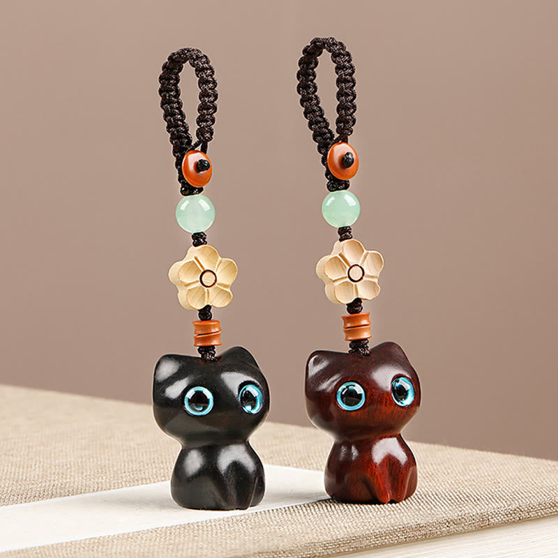 Hand-Carved Lucky Cat Wood Charm with Green Aventurine, Boxwood & Olive Wood Phone Keychain