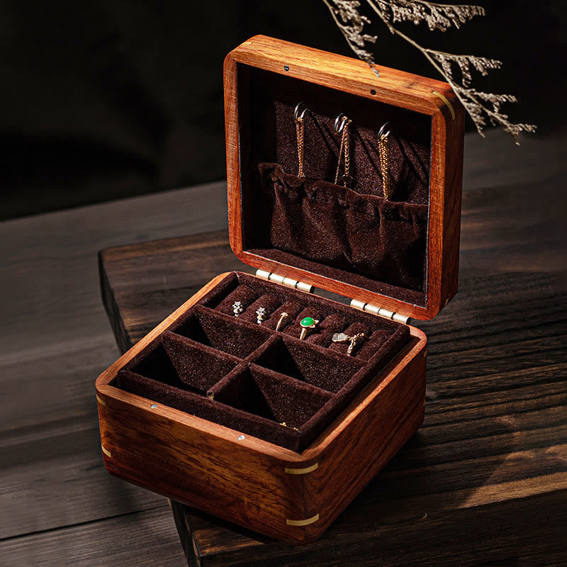 Antique Hand-Carved Rosewood Jewelry Storage Box with Floral Leaf Detail
