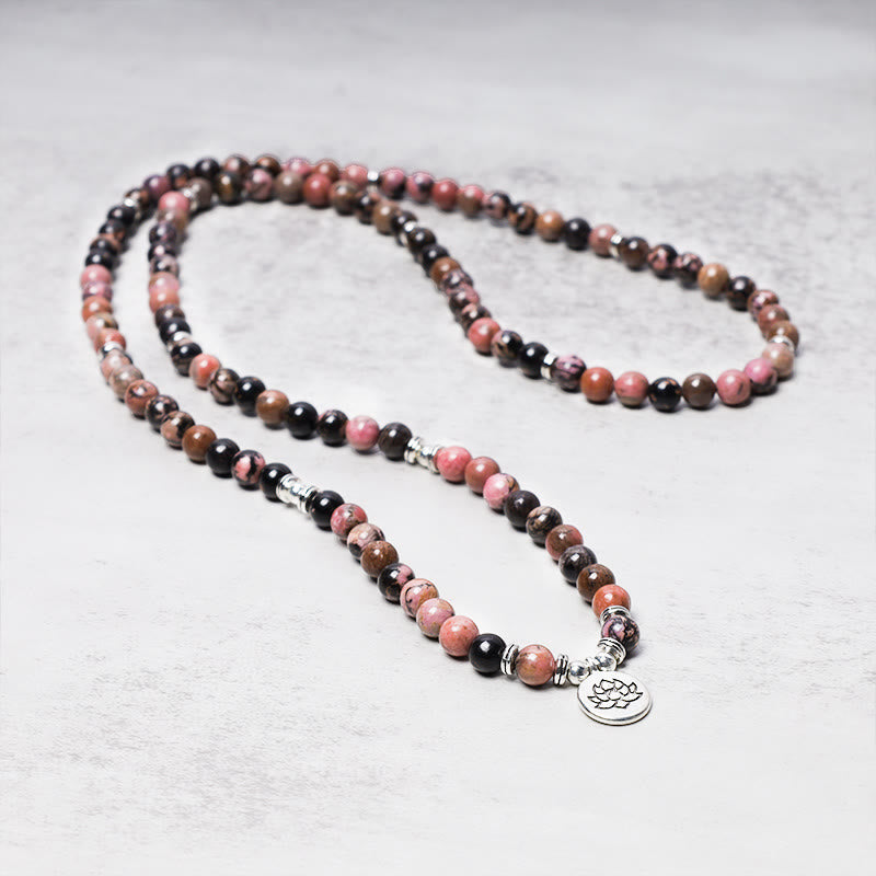 108 Mala Beads Rhodonite Lotus Compassion Energy Bracelet