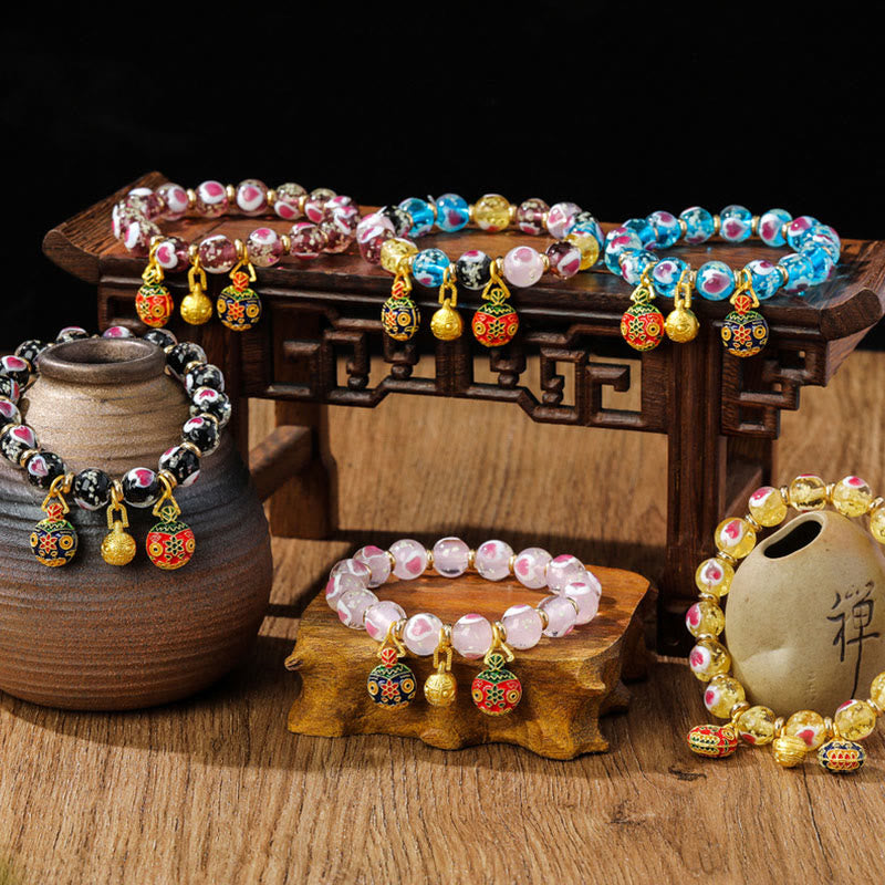 Gold Swallowing Beast Family Pink Love Heart Luminous Fluorescent Liuli Glass Bead Bracelet