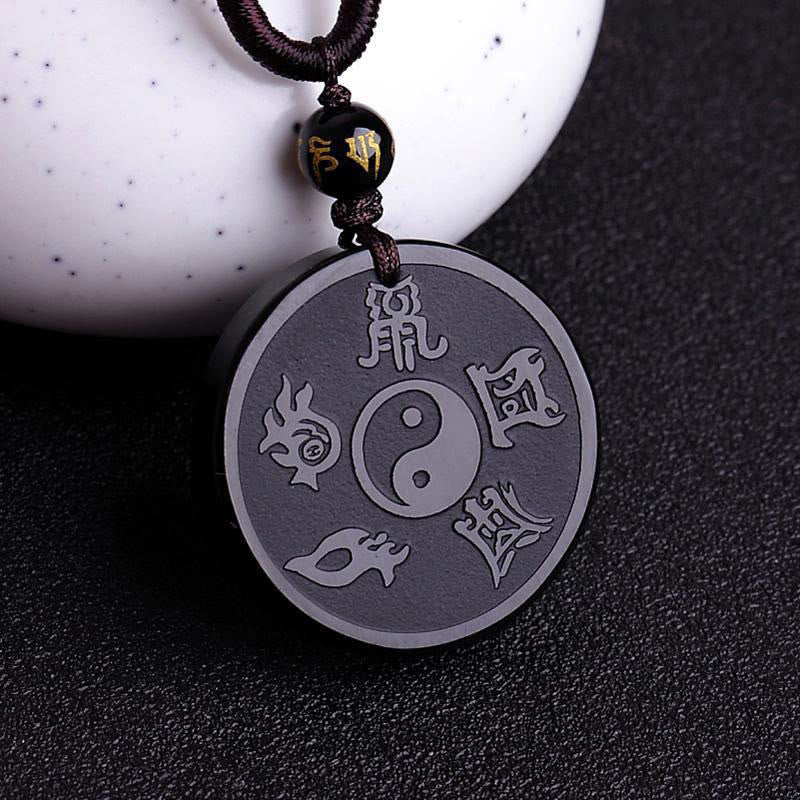 Natural Black Obsidian Taoism Five Sacred Mountains Nine-Character Mantra Carved Strength Yin Yang Necklace Pendant Key Chain