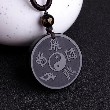 Natural Black Obsidian Taoism Five Sacred Mountains Nine-Character Mantra Carved Strength Yin Yang Necklace Pendant Key Chain
