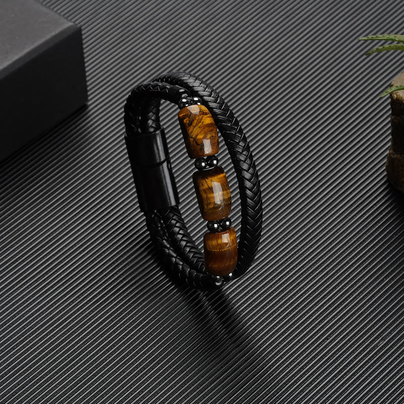 Natural Tiger Eye and Hematite Leather Bracelet with Magnetic Buckle