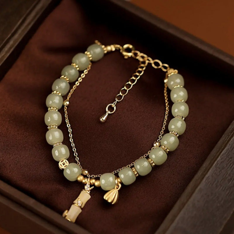 Natural Hetian Jade Prosperity Lotus Bamboo Charm Bracelet