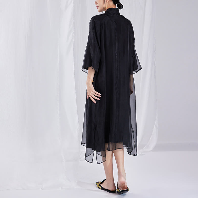 100% Mulberry Silk 6 Momme Dress Vintage Flower Butterfly Embroidery Qipao Dress Women's Cheongsam Dress