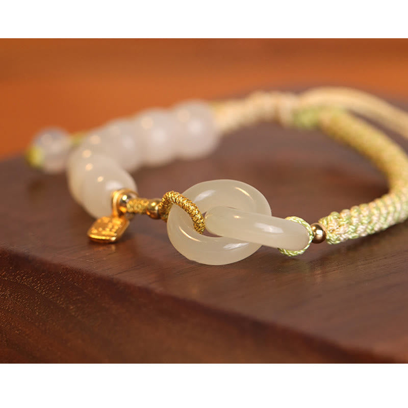 Natural Hetian Jade Bead Double Peace Buckle Fu Character Abundance Braided Bracelet