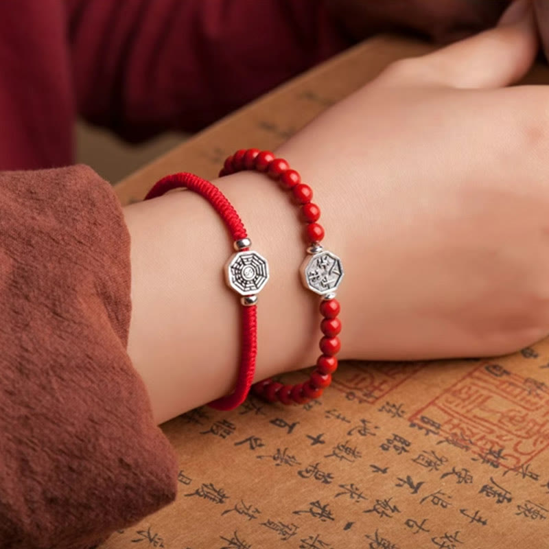 925 Sterling Silver Yin Yang Bagua Cinnabar Red String Focus Bracelet