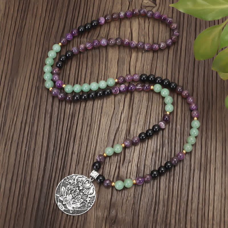 108 Mala Beads Amethyst Green Aventurine Lotus Meditation Bracelet