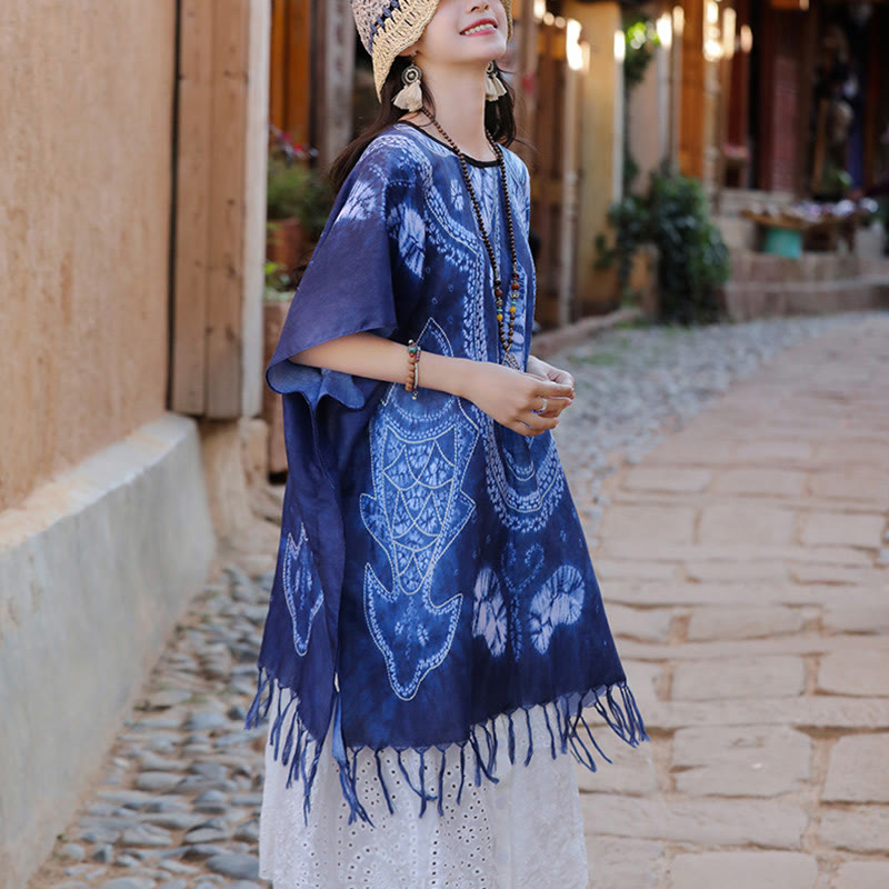 Blue Geometric Batik Draped Travel Meditation Shawl