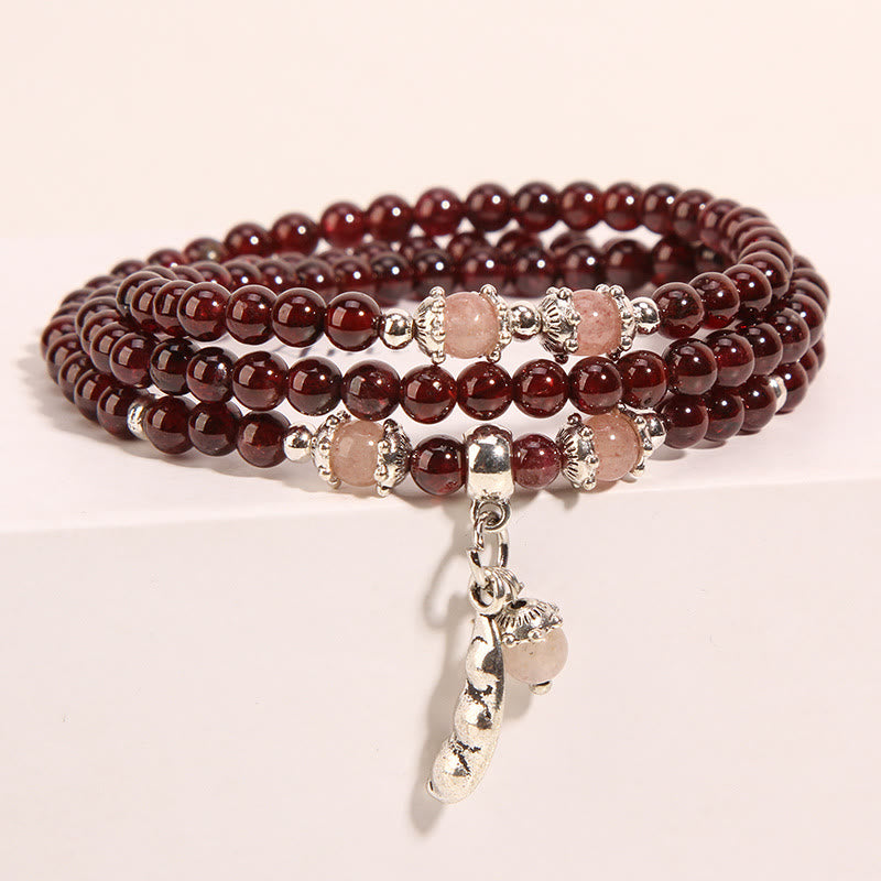 Natural Garnet Strawberry Quartz Green Beans PiXiu Protection Triple Wrap Bracelet