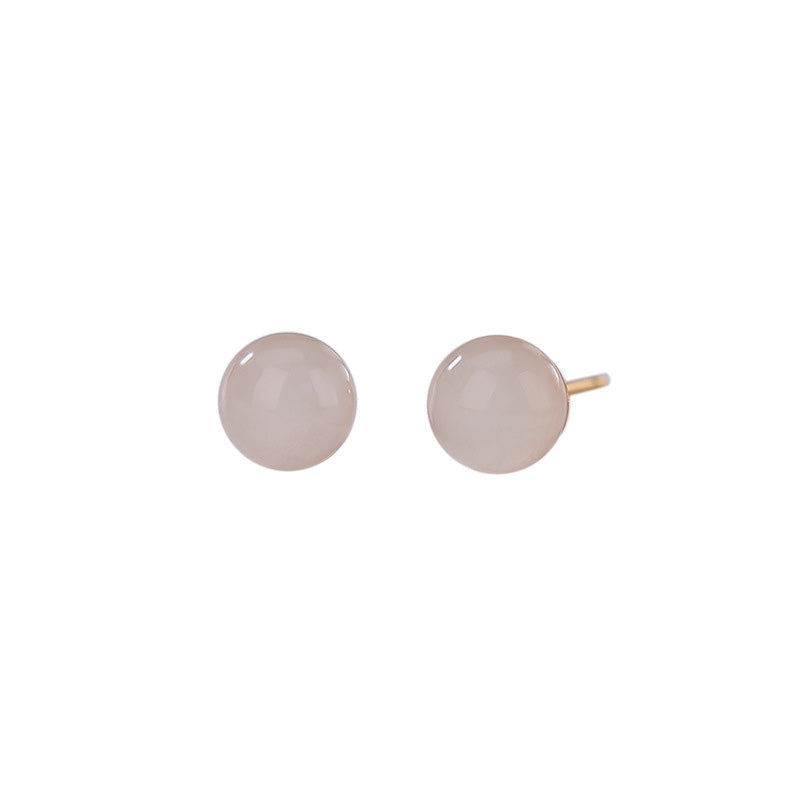 Handmade 925 Sterling Silver Round White Jade and Gold Minimalist Stud Earrings