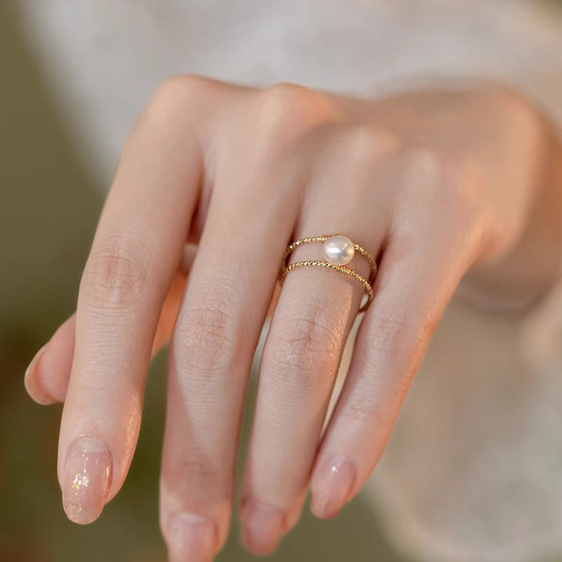 Round Jade Pearl Bead Double Layer Copper Luck Adjustable Ring