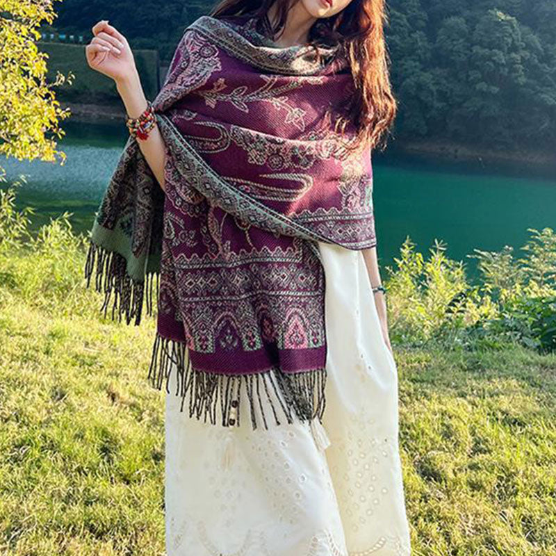 Vintage Tibetan Leaves Pattern Design Shawl Cozy Travel Scarf Wrap