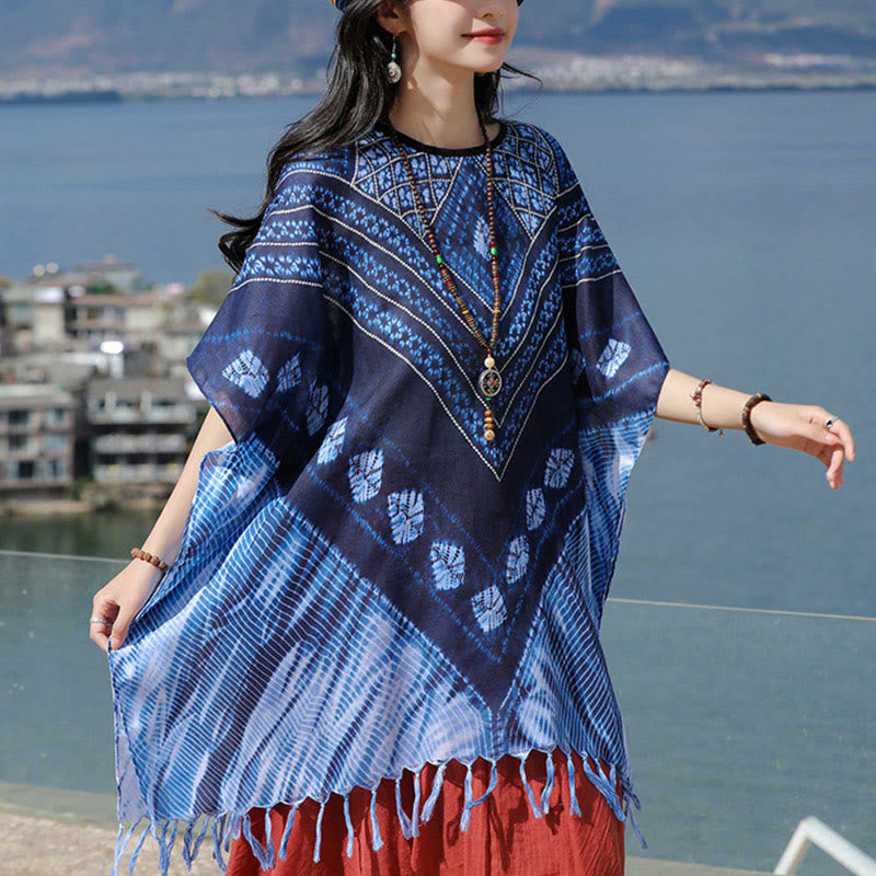 Soft-Touch Blue Geometric Batik Meditation Pullover Shawl