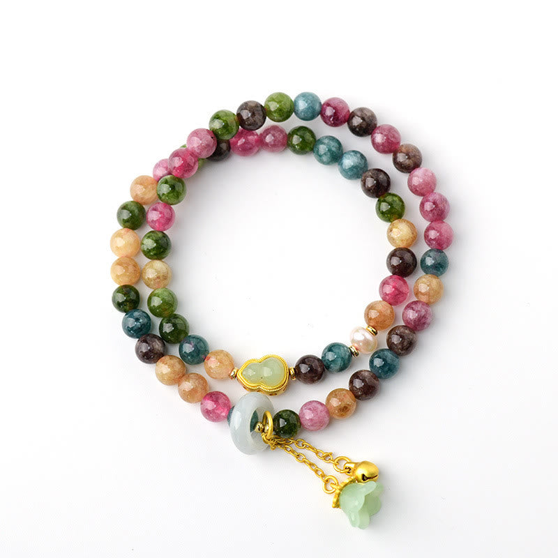 Multicolored Tourmaline Chalcedony Double Wrap Bracelet with Lily of the Valley & Wu Lou Gourd Charms