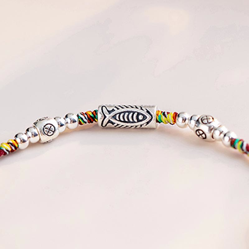 Braided Red String & 925 Sterling Silver Koi Fish Adjustable Bracelet Anklet