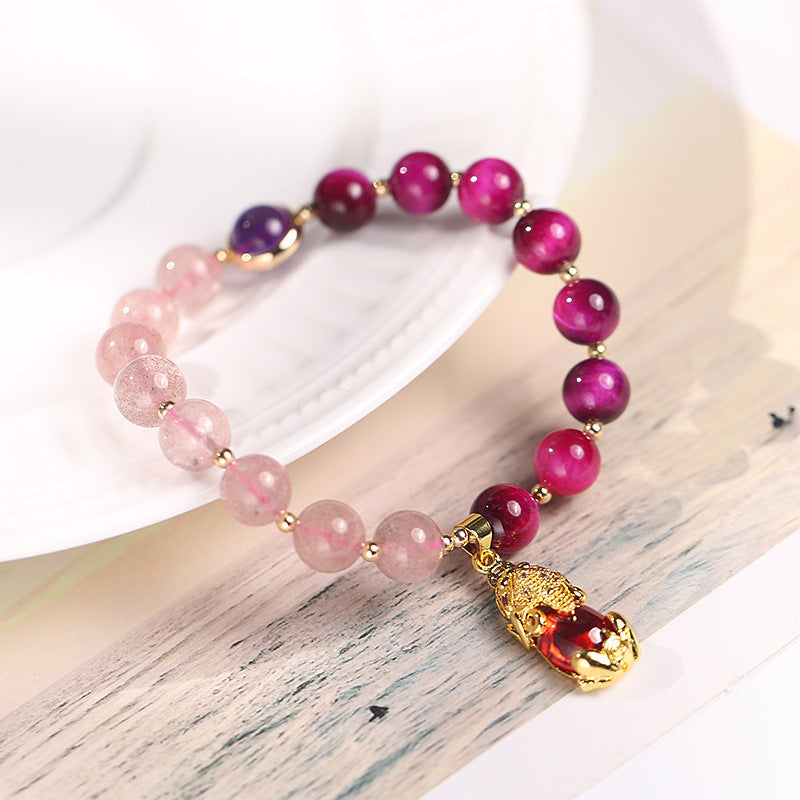 Natural Strawberry Quartz & Tiger Eye Pixiu Beaded Bracelet for Heart-Centered Connection