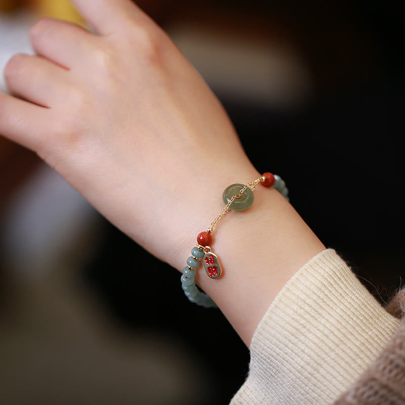 Natural Hetian Jade Red Agate Peace Buckle Lucky Fortune Bracelet