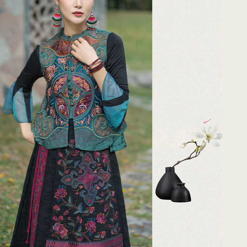 Vintage Style Embroidery Flower Tang Suit Design Sleeveless Vest