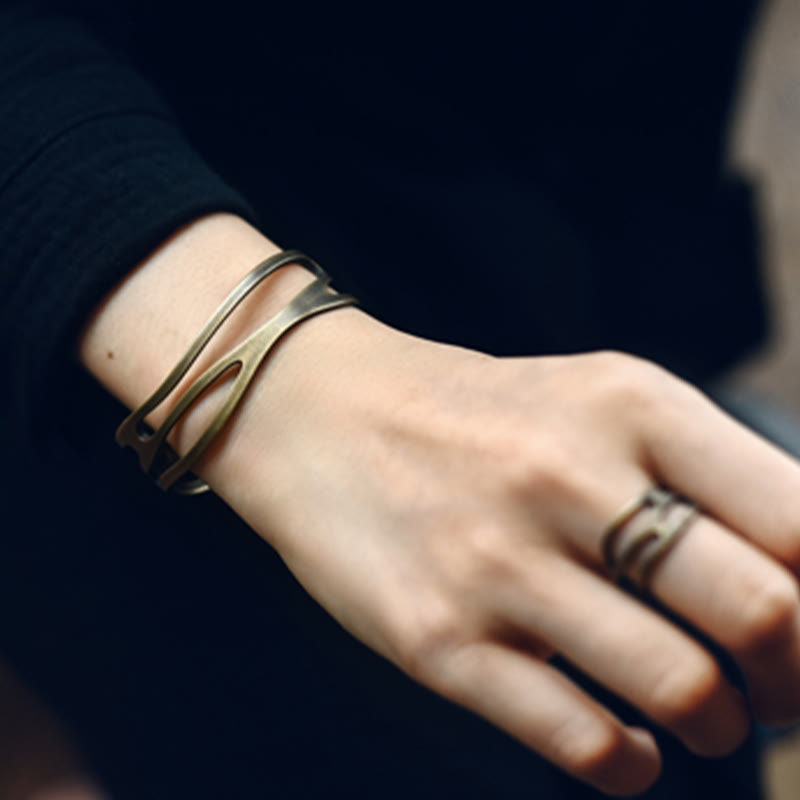 Vintage Curved Copper Brass Wealth Adjustable Cuff Bracelet Bangle