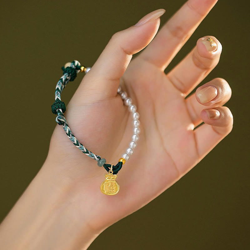 925 Sterling Silver Hetian Jade & Pearl Fu Wealth Bag Adjustable Rope Bracelet