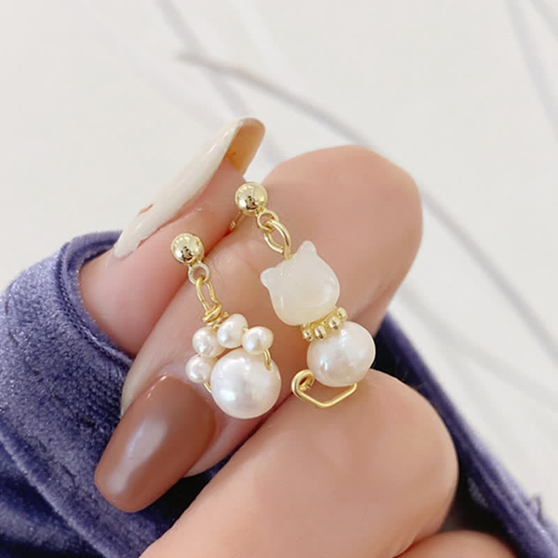 Cute Cat Paw Pearl Wisdom Stud Drop Earrings