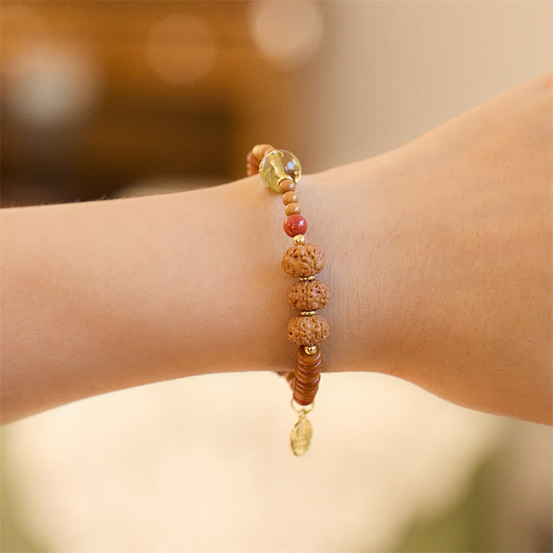 Tibetan Bodhi Seed Om Mani Fu Gold Copper Gemstone Bracelet with Red Agate & Olive Wood