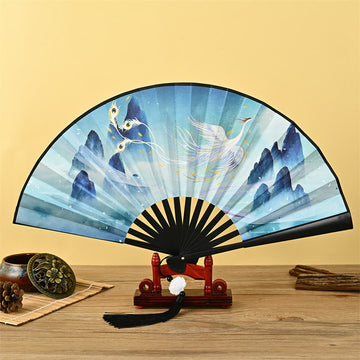 Vintage Phoenix Nine Tailed Fox Flower Bamboo Tiger Handheld Folding Fan Lotus Tassel Fan
