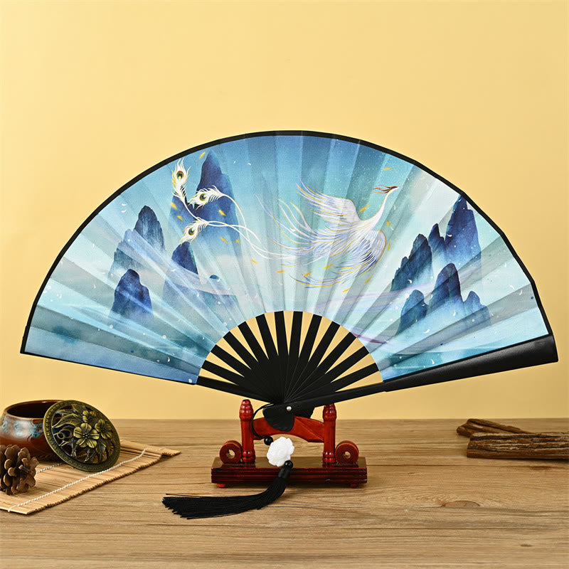Vintage Phoenix Nine Tailed Fox Flower Bamboo Tiger Handheld Folding Fan Lotus Tassel Fan