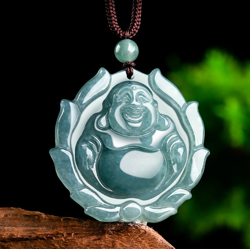 Natural Jade Laughing Buddha Lotus Pattern Luck Necklace Pendant