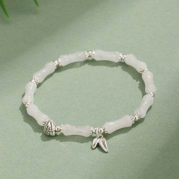 White Jade Bamboo Fu Character Beaded Bracelet