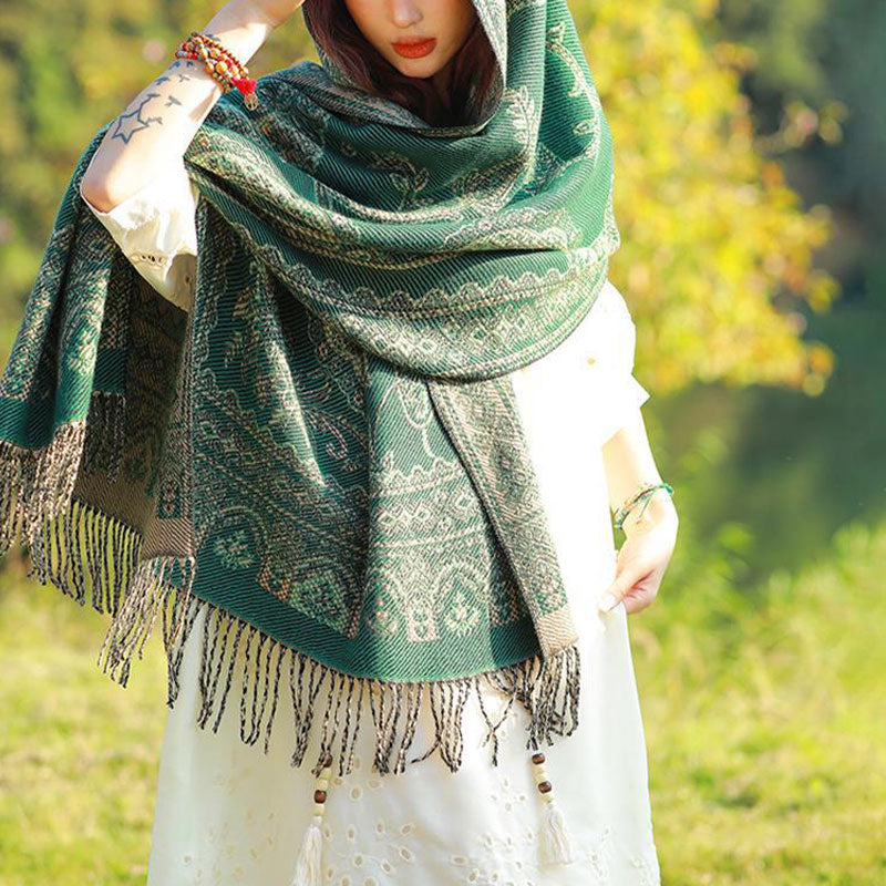 Vintage Tibetan Leaves Pattern Design Shawl Cozy Travel Scarf Wrap