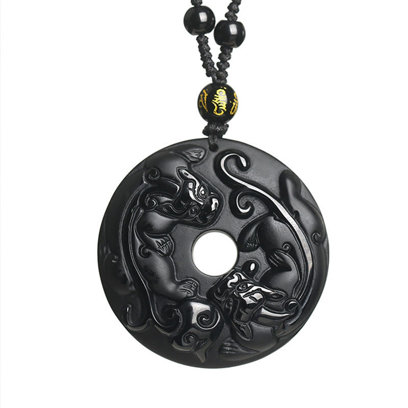 Natural Black Obsidian Peace Buckle Pixiu Bead Rope Strength Necklace Pendant