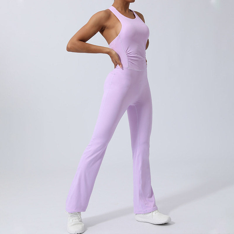 Women Workout Crisscross Sleeveless Flare Jumpsuit Sports Fitness Yoga Bodysuit