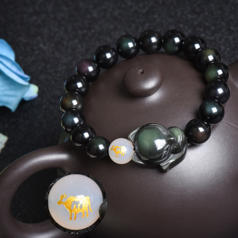 Natural Rainbow Obsidian Gold Sheen Obsidian Silver Sheen Obsidian Fox Healing Bracelet