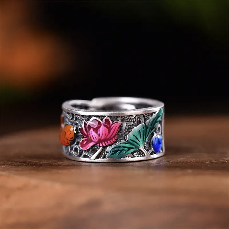 Copper Blue Enamel Lotus Heart Sutra Koi Fish Luck Ring