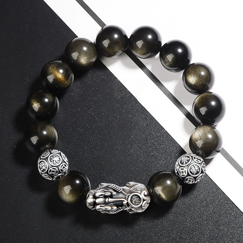 925 Sterling Silver Natural Gold Sheen Obsidian PiXiu Wealth Protection Bracelet