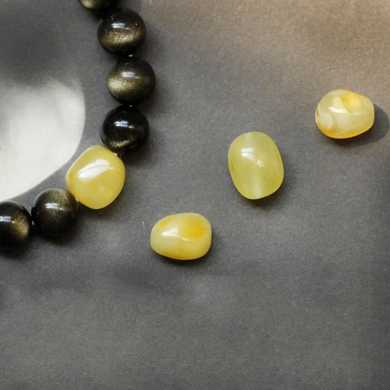 Natural Gold Sheen Obsidian & Amber Bracelet with 925 Sterling Silver and Zodiac Guardian