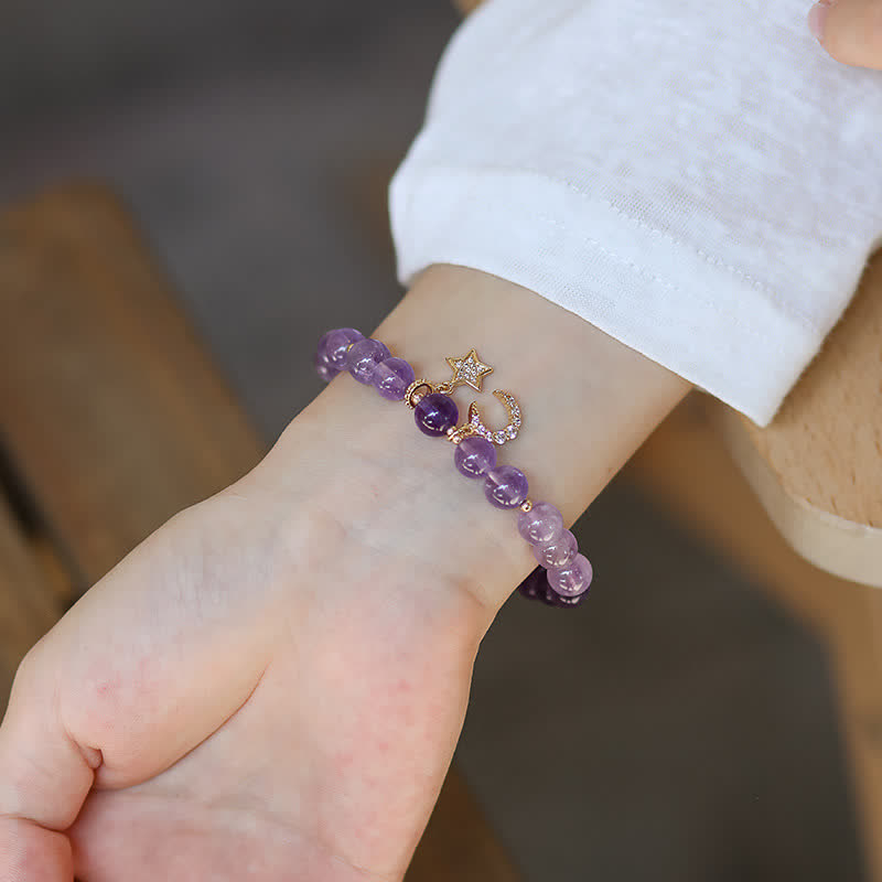 Handmade Natural Amethyst Celestial Moon & Star Beaded Bracelet