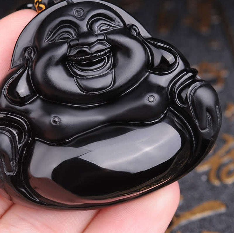 Laughing Buddha Black Obsidian Transformation Pendant Necklace