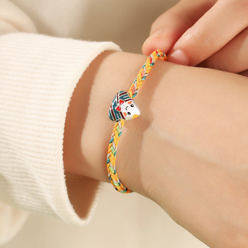 925 Sterling Silver Dragon Boat Festival Zongzi Pattern Luck Handmade Multicolored Rope Child Adult Bracelet