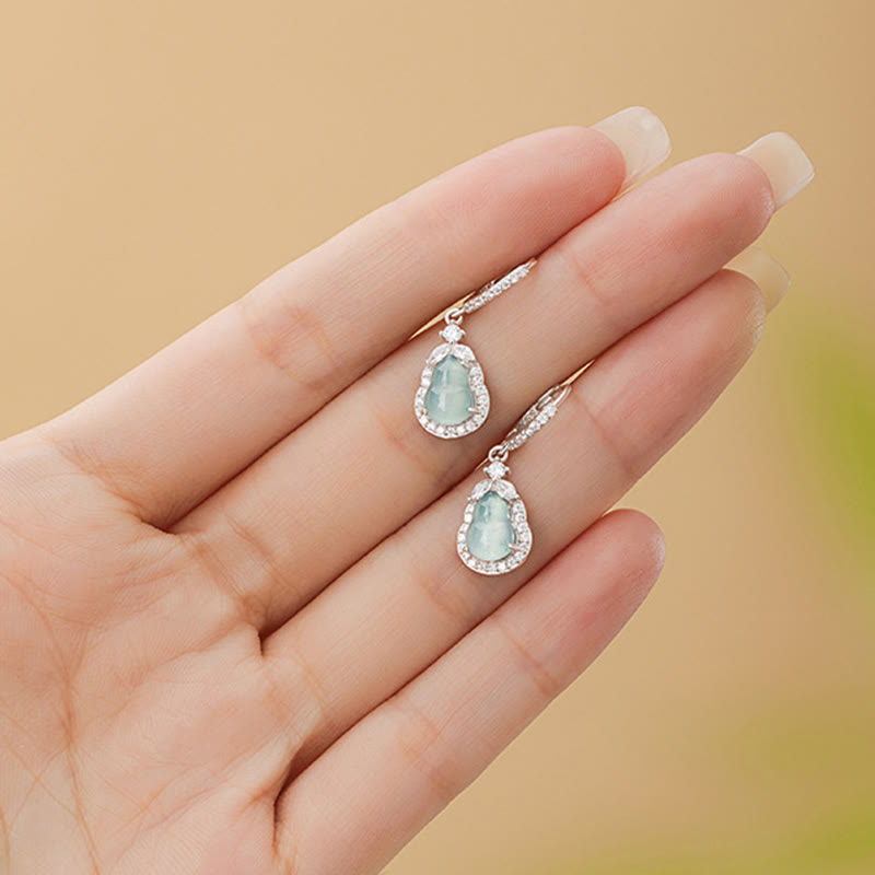 925 Sterling Silver Green Jade Wu Lou Gourd Drop Earrings