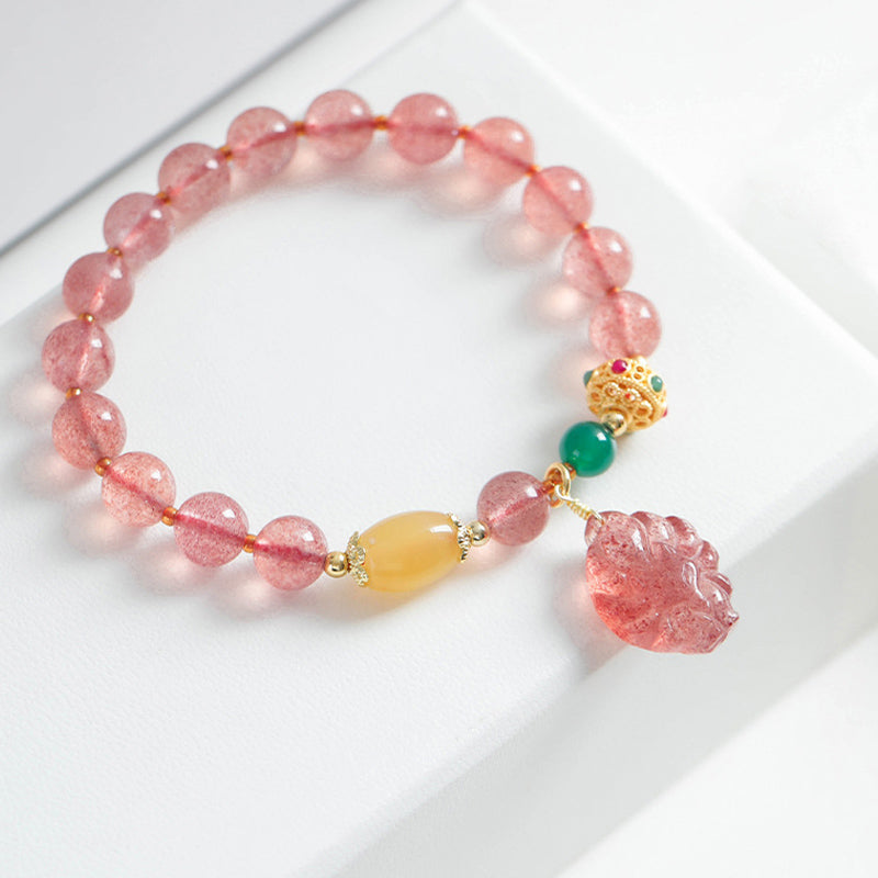 Natural Strawberry Quartz, Green Agate & Golden Silk Jade Nine-Tailed Fox Beaded Bracelet