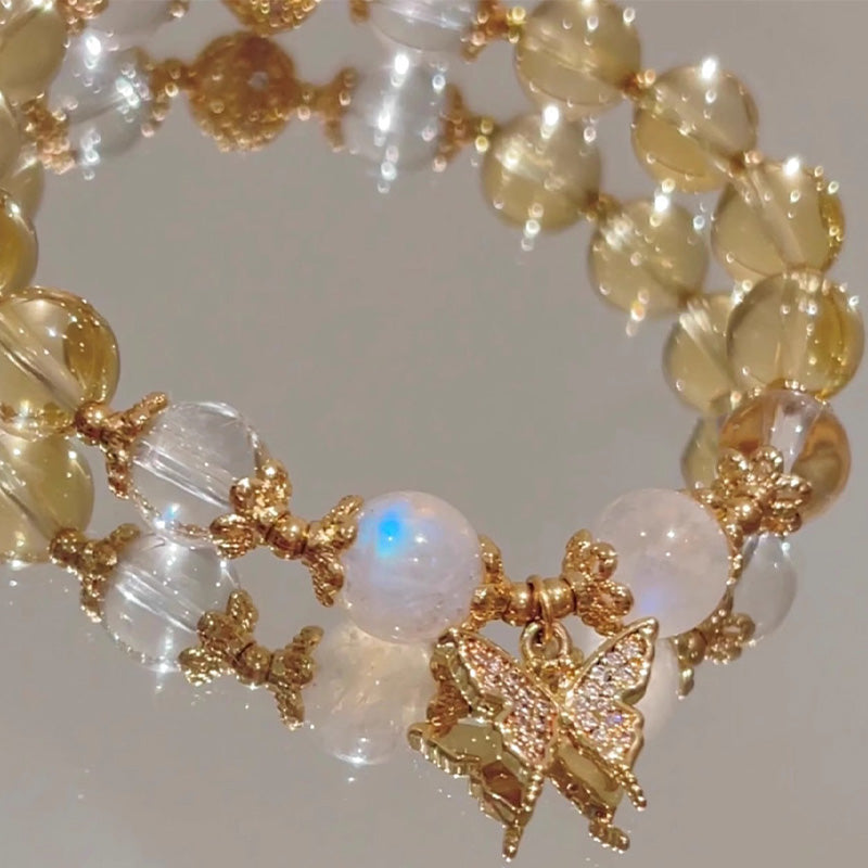 Citrine Moonstone & Clear Quartz Butterfly Charm Beaded Bracelet