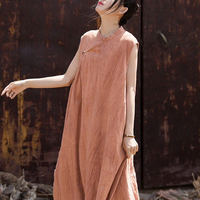 Handmade Tie Dye Midi Dress Linen Sleeveless Dress