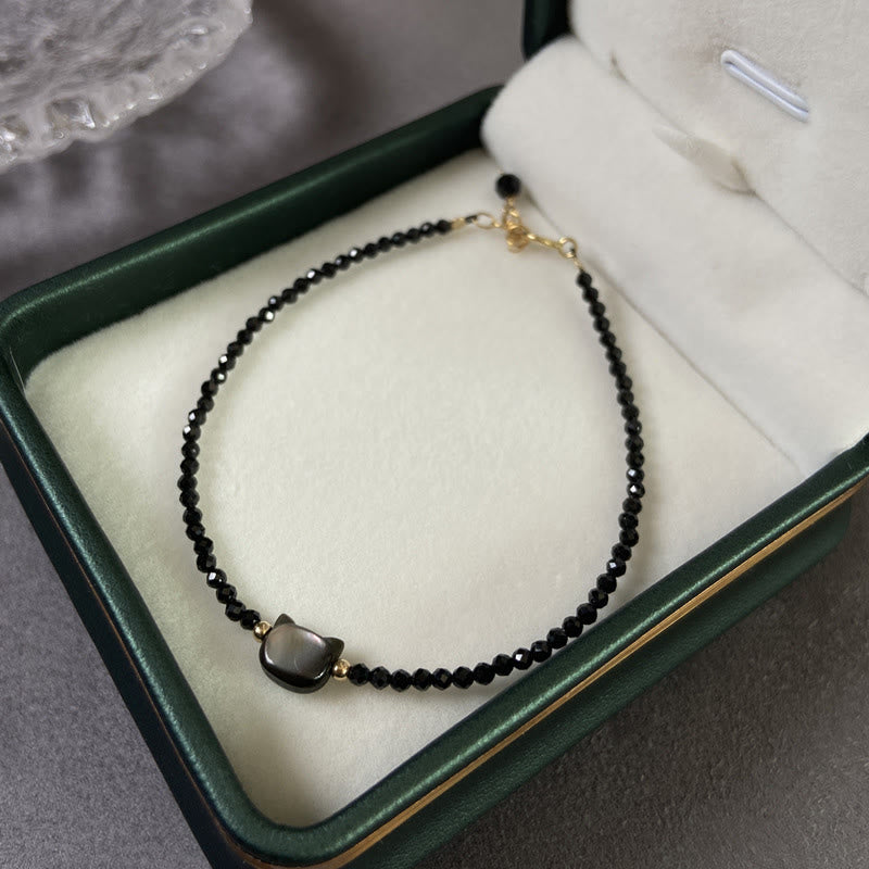 14K Gold Plated Black Spinel White Crystal Cute Cat Tridacna Stone Healing Bracelet