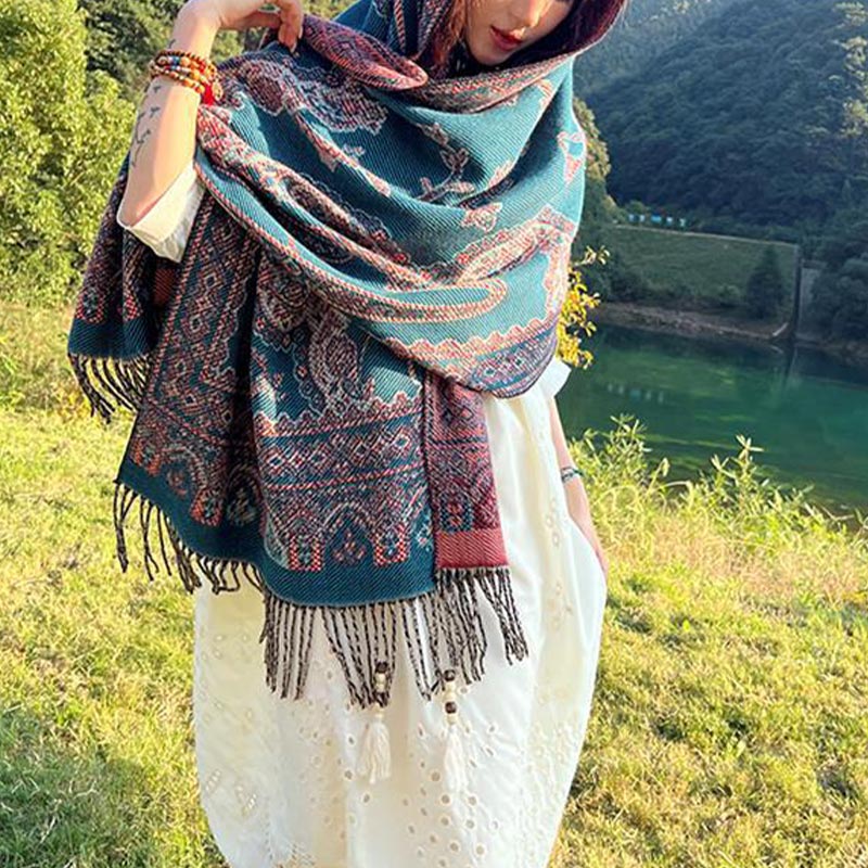Vintage Tibetan Leaves Pattern Design Shawl Cozy Travel Scarf Wrap