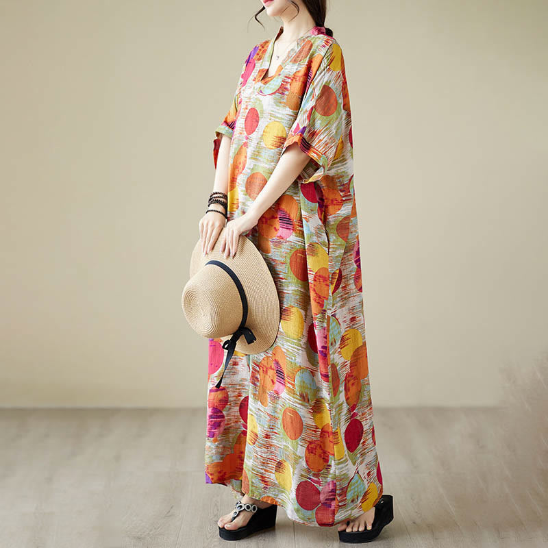 Orange Blue Colorful Polka Dots Midi Dress Cotton Half Sleeve Dress With Pockets