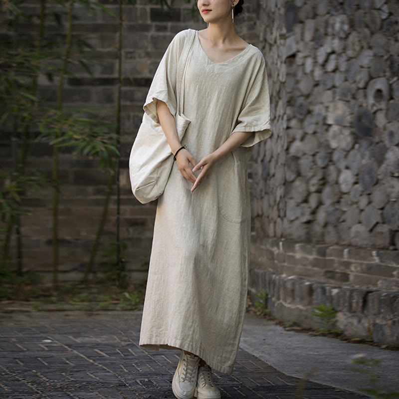Solid Color V-Neck Half Sleeve Ramie Linen Midi Dress With Pockets